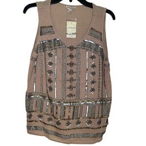 Lucky Brand beige beaded sleeveless top sz M